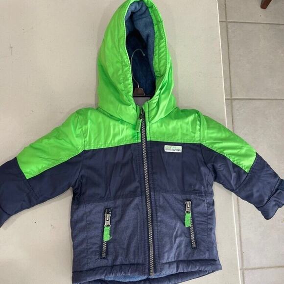 CARTERS HOODED PUFFER JACKET SZ 12 MONTHS BABY KAWAII COLORBLOCK COAT GREEN/BLUE - Picture 2 of 12